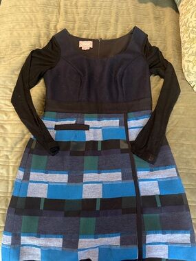 Phoebe Couture Long-Sleeve Blue, Teal & Black Plaid Knit Dress